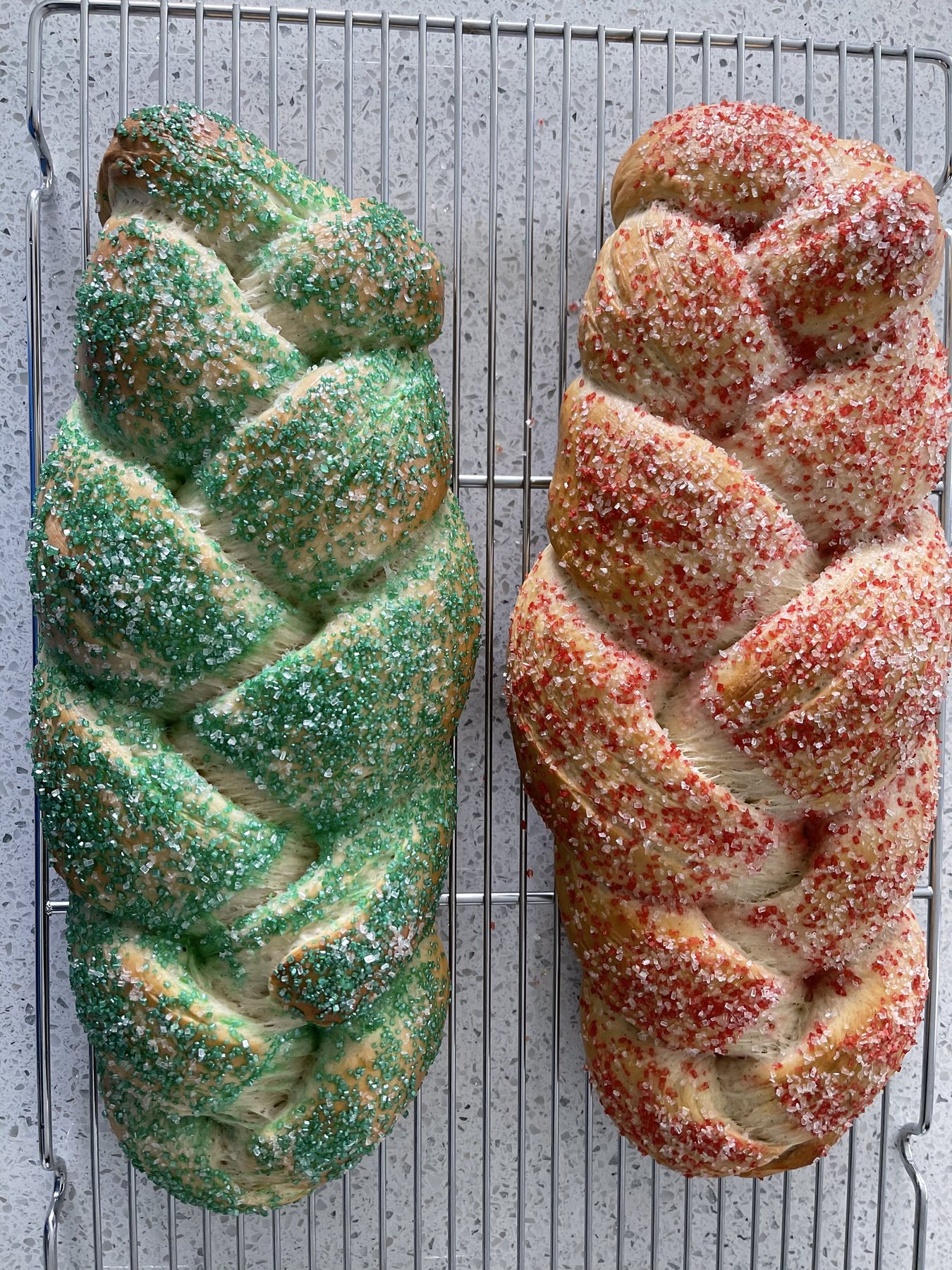Braided cardamom breads finished with sparkling sugar