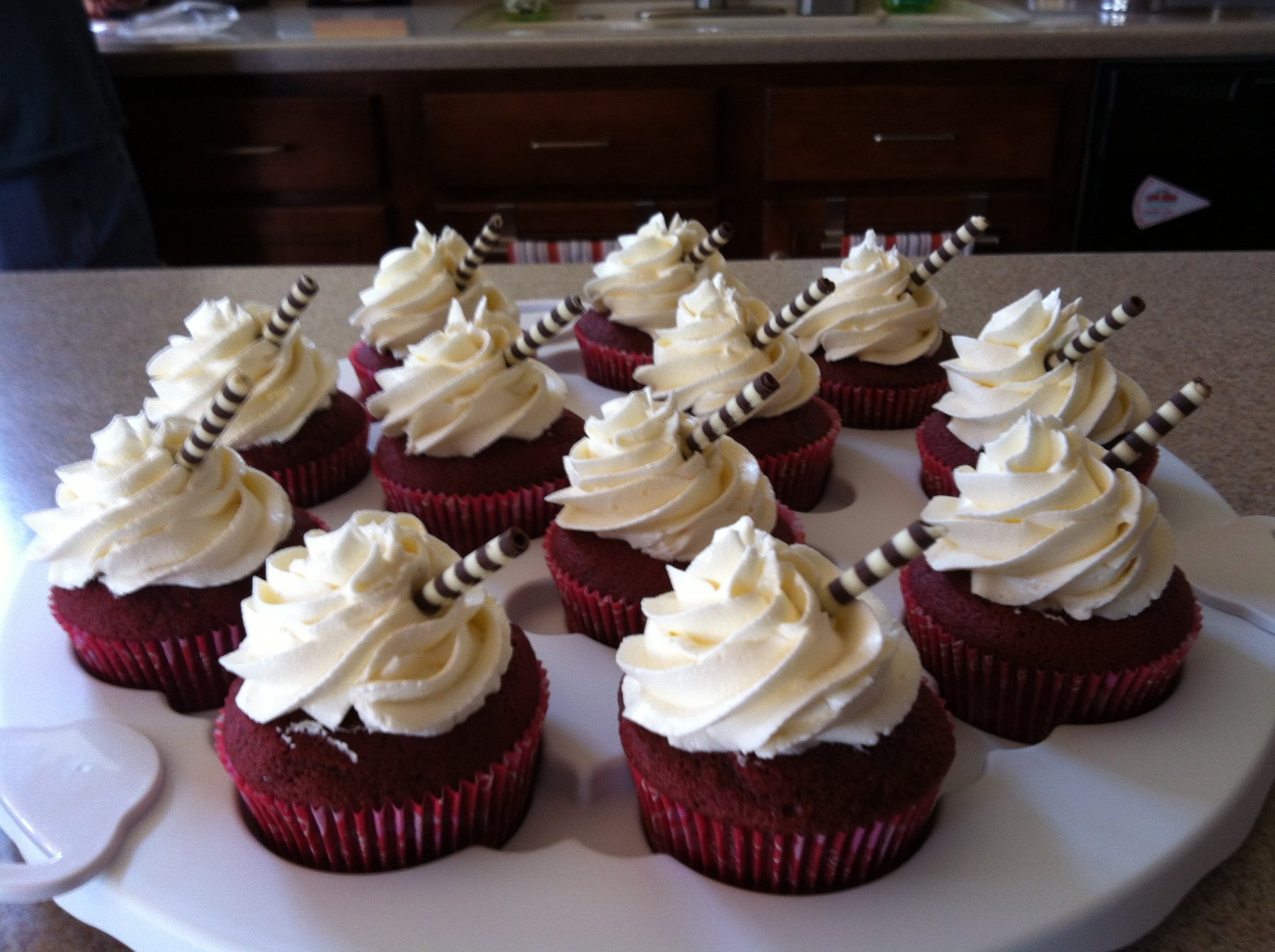 Red velvet cupcakes with cream cheese frosting